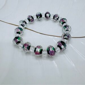 Floral Glass Bead Stretch Bracelet - Purple Pink Rose